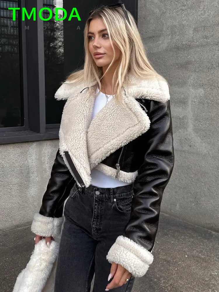 T MODA 2023 Autumn Winter Women Thick Warm Faux Leather Shearling Short Jacket Ladies Vintage Coat Female Outerwear Chic Tops