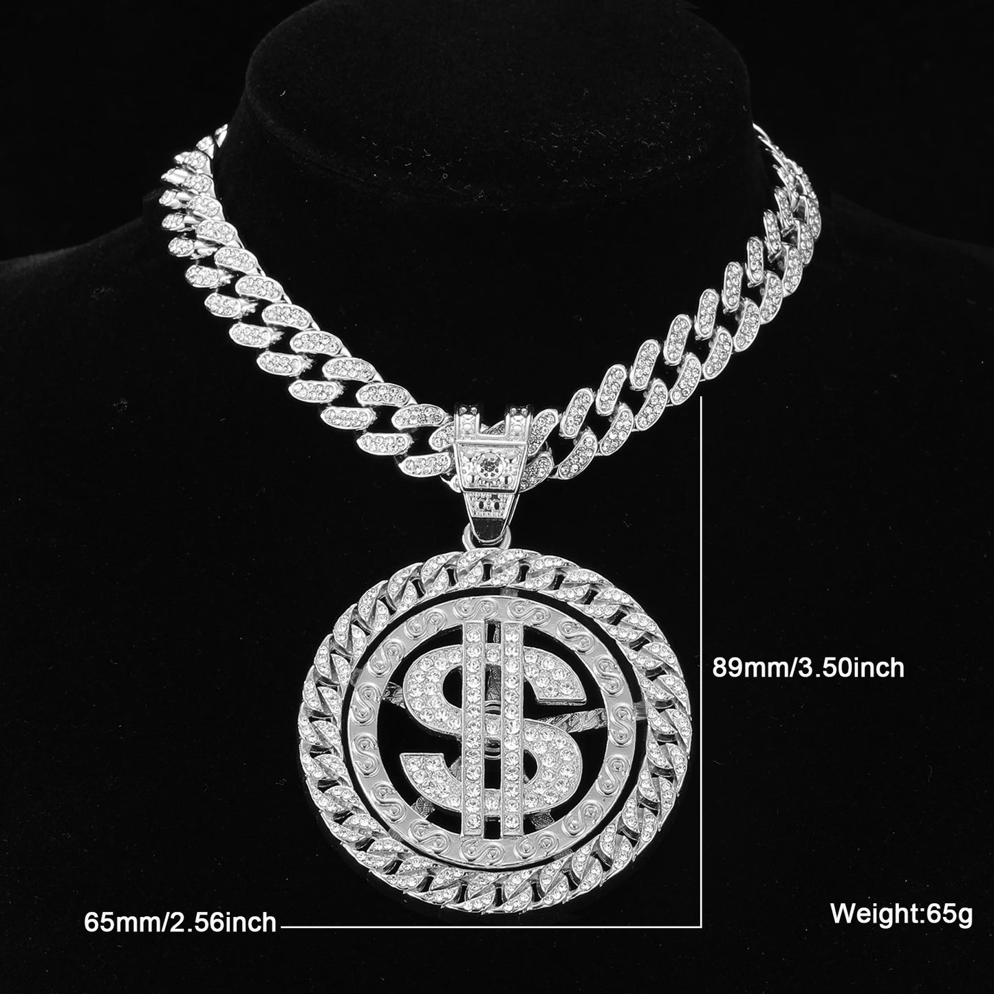HIP HOP Rotatable Dollar Iced Out 13mm Miami Cuban Link Chain Pendant Necklaces Tennis Chain For Men's Women Rapper Jewelry
