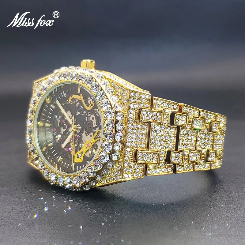 Missfox Men's Mechaincal Watches With Gold Classic Octagonal Diamond Bezel Automatic Movement Tourbillon Wristwatch Clock Gift