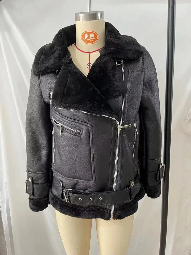 SLMD Winter Fashion Colorful Fur Turn-down Collar Leather Jackets With Belt Pockets Women Thick Warm Fur Coat -20~-10℃