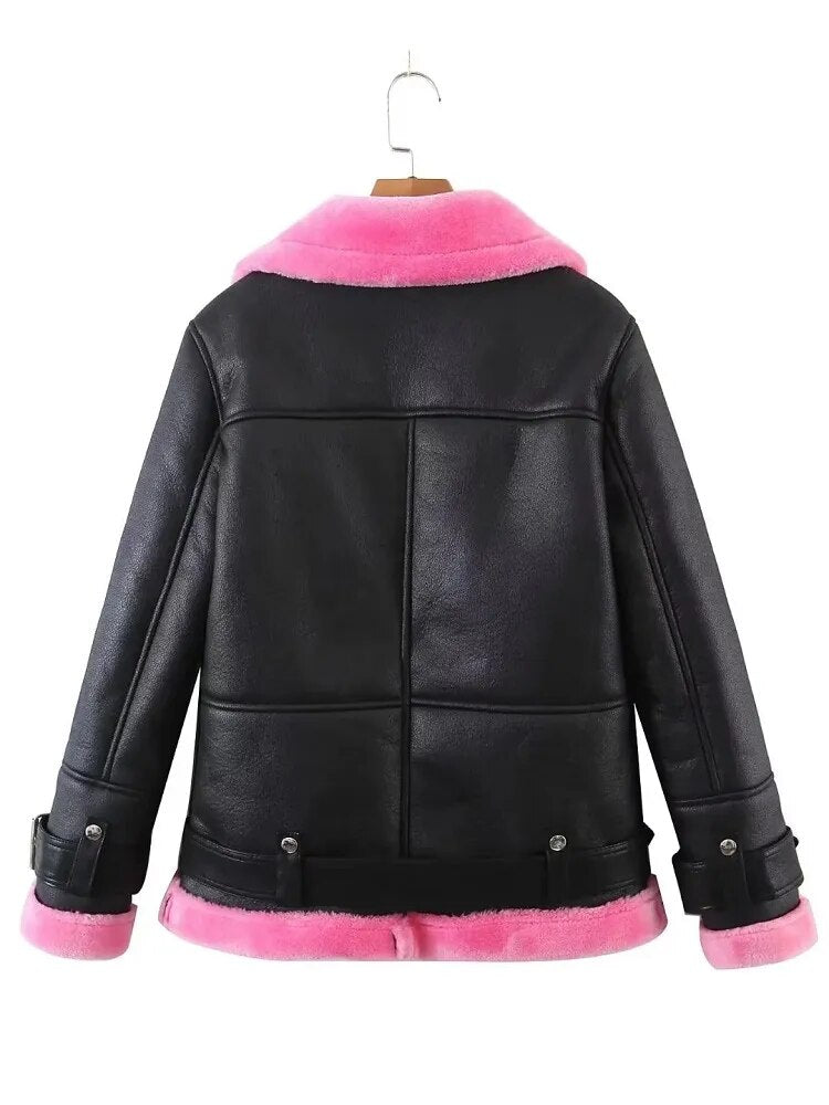 SLMD Winter Fashion Colorful Fur Turn-down Collar Leather Jackets With Belt Pockets Women Thick Warm Fur Coat -20~-10℃