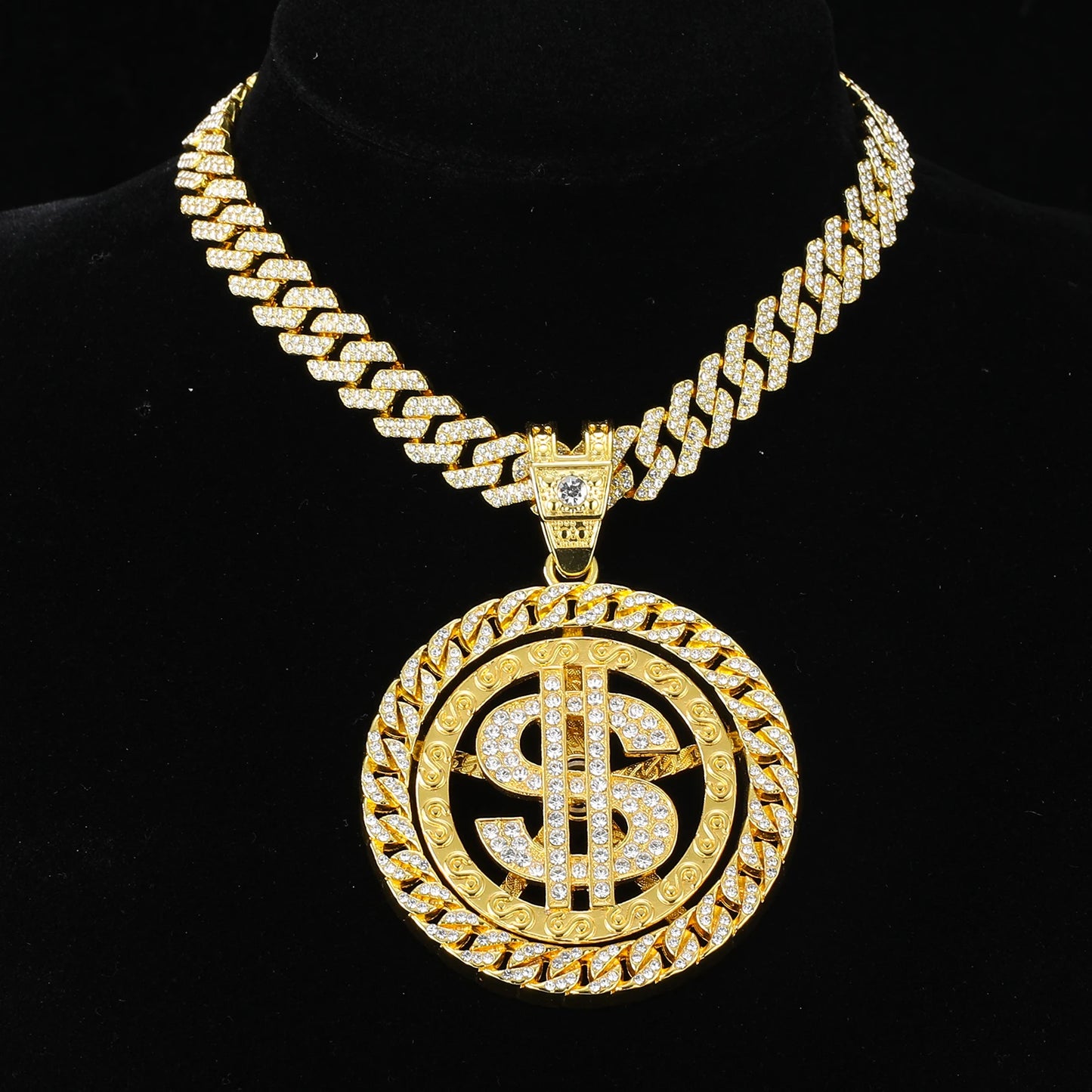 HIP HOP Rotatable Dollar Iced Out 13mm Miami Cuban Link Chain Pendant Necklaces Tennis Chain For Men's Women Rapper Jewelry