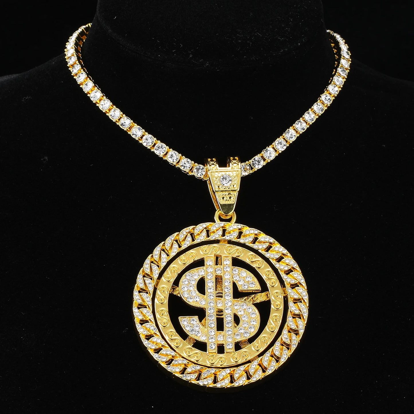 HIP HOP Rotatable Dollar Iced Out 13mm Miami Cuban Link Chain Pendant Necklaces Tennis Chain For Men's Women Rapper Jewelry