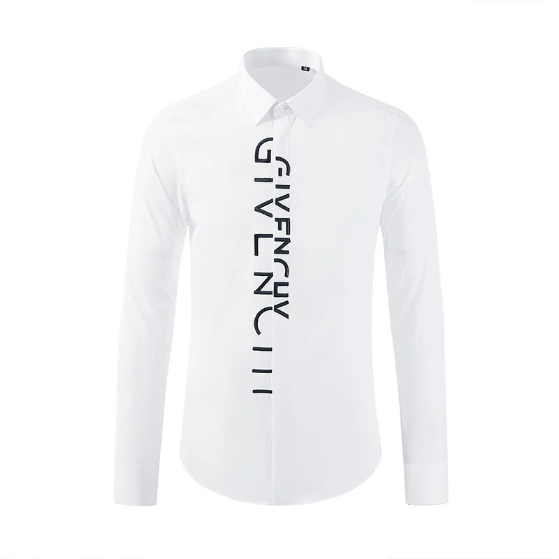 Spring and summer new style placket with messy letters embroidered high-end men's long sleeved shirt factory