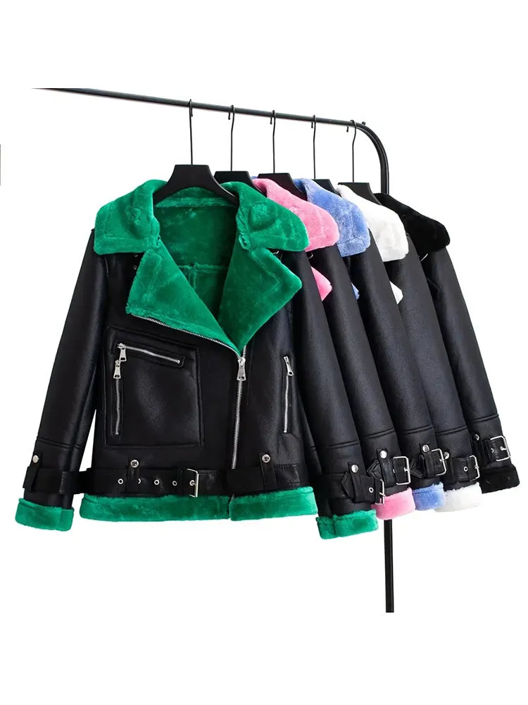 SLMD Winter Fashion Colorful Fur Turn-down Collar Leather Jackets With Belt Pockets Women Thick Warm Fur Coat -20~-10℃