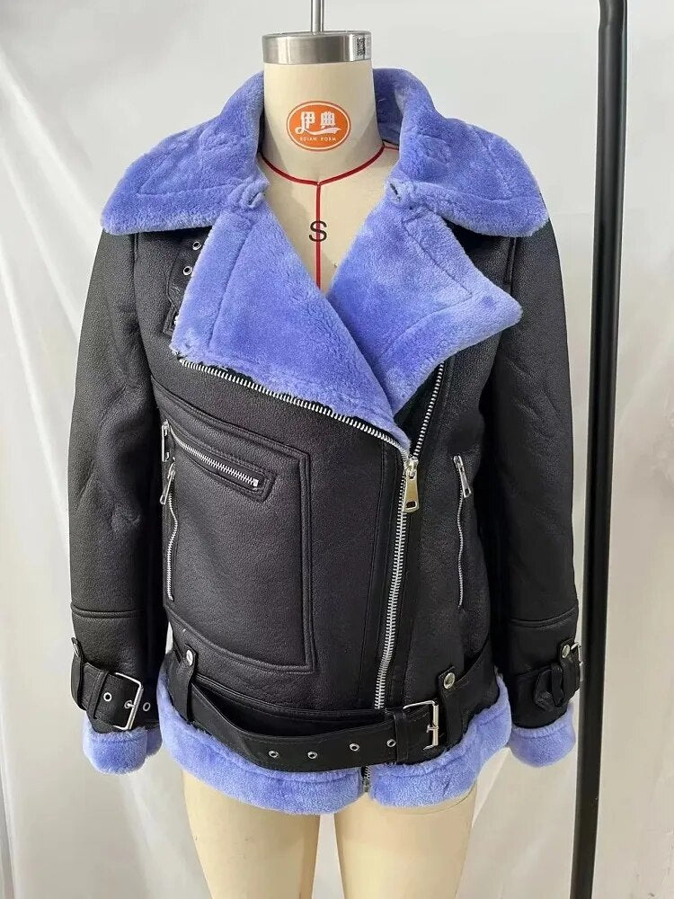 SLMD Winter Fashion Colorful Fur Turn-down Collar Leather Jackets With Belt Pockets Women Thick Warm Fur Coat -20~-10℃