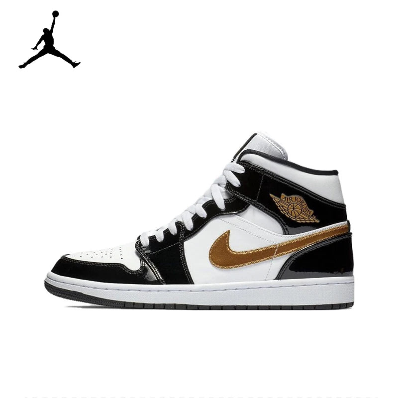 Original Air Jordan 1 Mid gold and black Retro Classic Basketball Sneakers Shoes