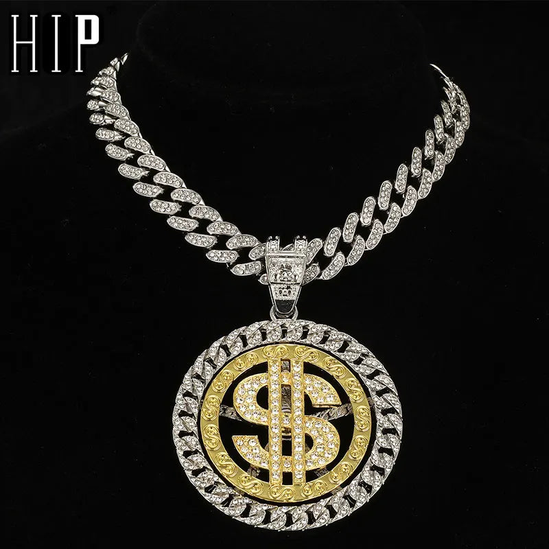 HIP HOP Rotatable Dollar Iced Out 13mm Miami Cuban Link Chain Pendant Necklaces Tennis Chain For Men's Women Rapper Jewelry