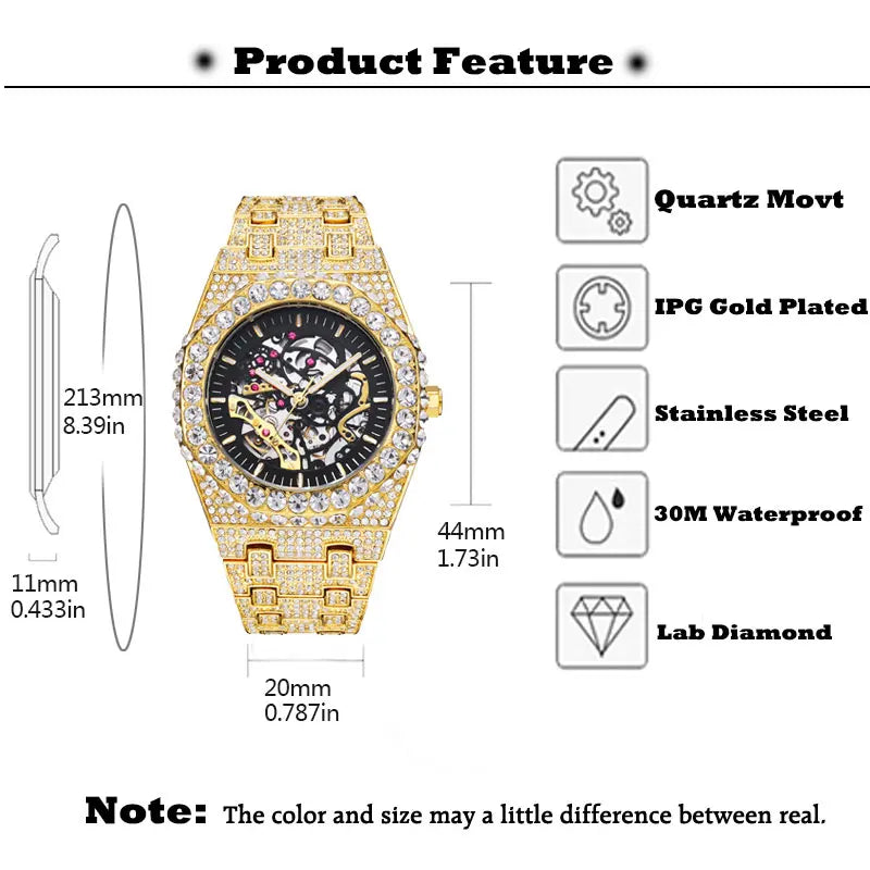 Missfox Men's Mechaincal Watches With Gold Classic Octagonal Diamond Bezel Automatic Movement Tourbillon Wristwatch Clock Gift