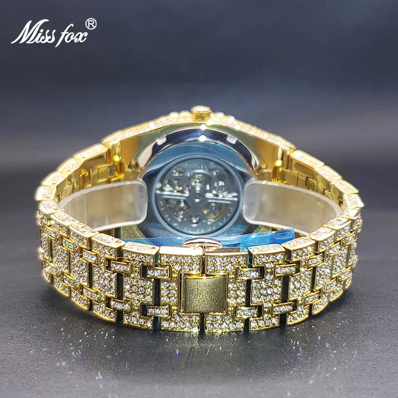 Missfox Men's Mechaincal Watches With Gold Classic Octagonal Diamond Bezel Automatic Movement Tourbillon Wristwatch Clock Gift