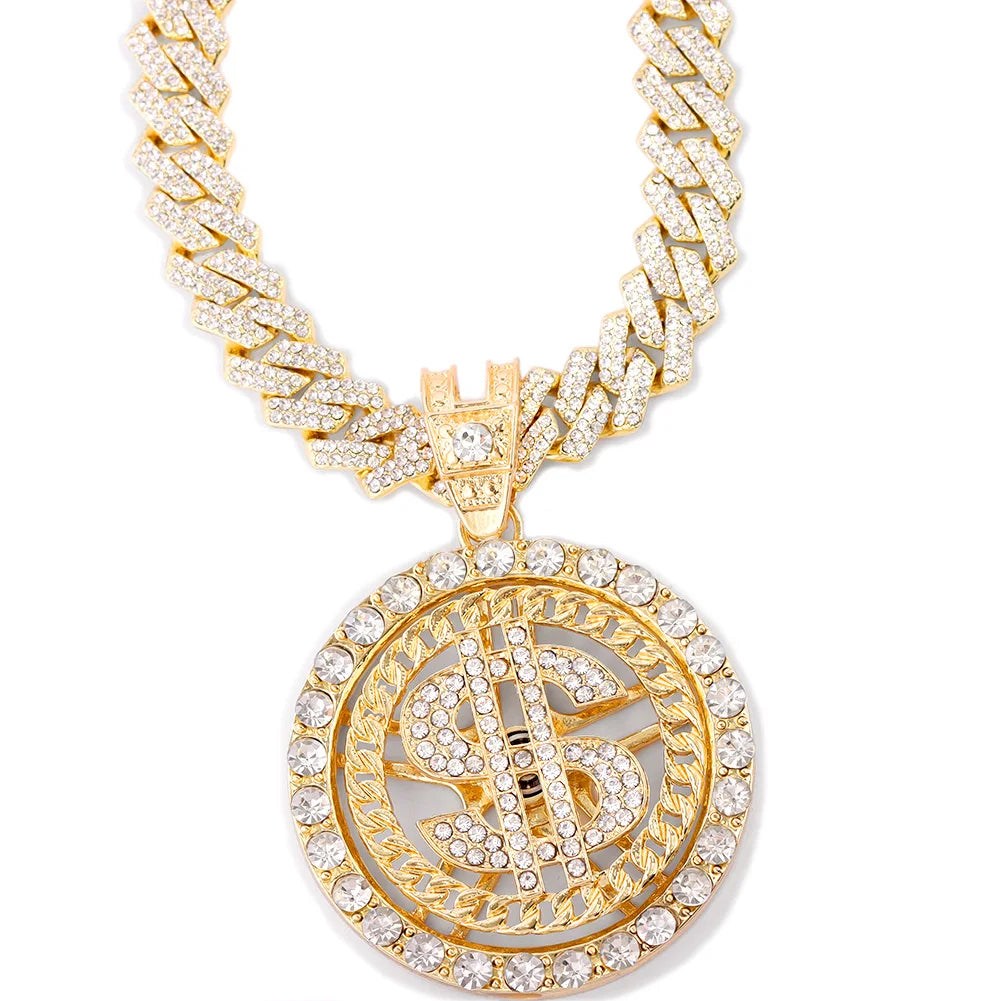 14MM Prong Cuban Link Chain Hiphop Dollar Sign Pendant Necklace For Men Women Iced Out AAA 2 Row Cuban Chain Necklaces Jewelry