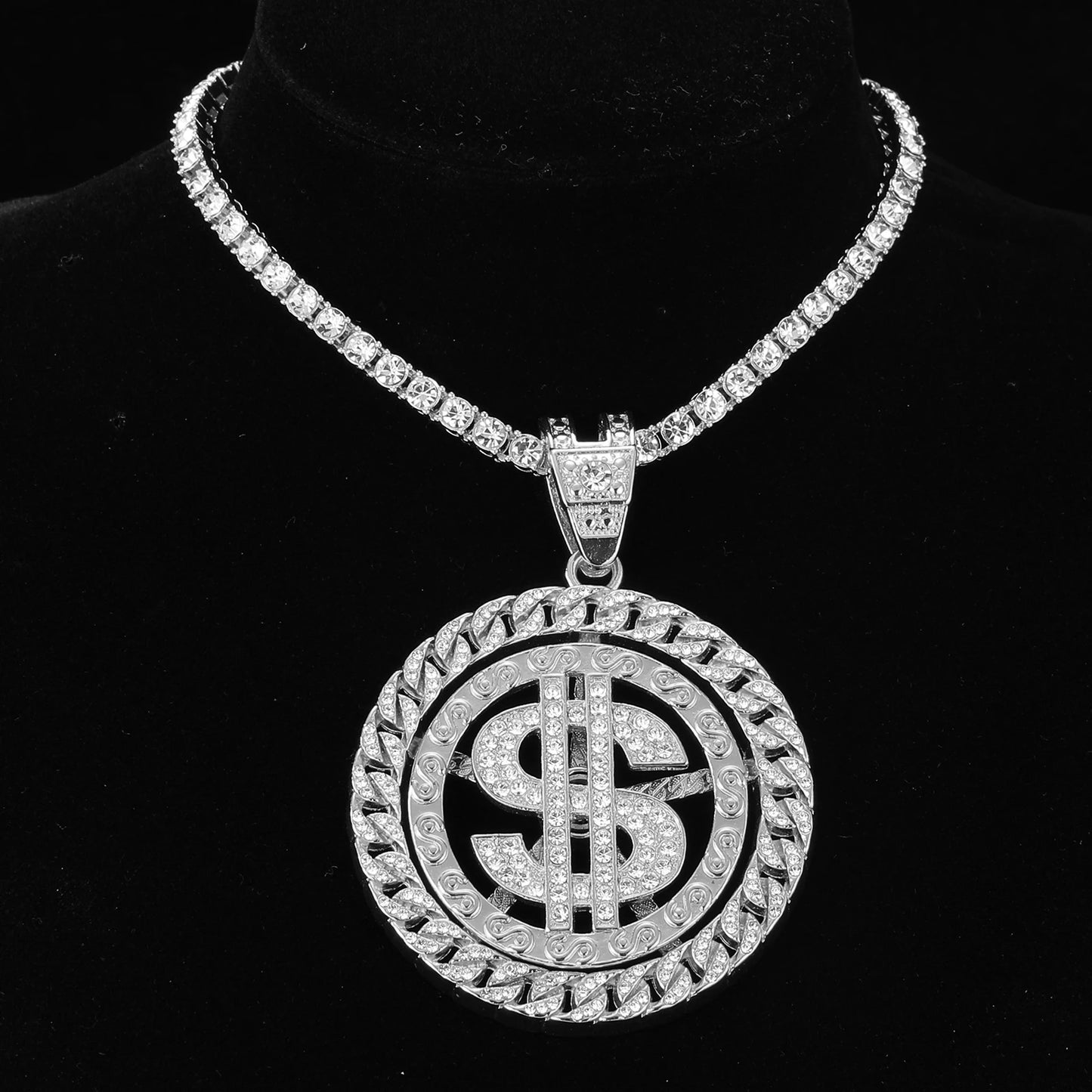 HIP HOP Rotatable Dollar Iced Out 13mm Miami Cuban Link Chain Pendant Necklaces Tennis Chain For Men's Women Rapper Jewelry