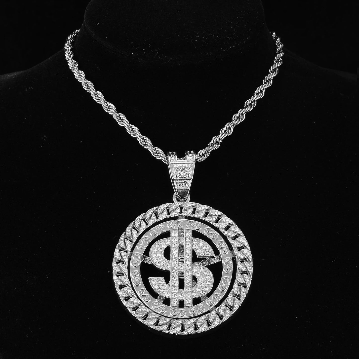 HIP HOP Rotatable Dollar Iced Out 13mm Miami Cuban Link Chain Pendant Necklaces Tennis Chain For Men's Women Rapper Jewelry