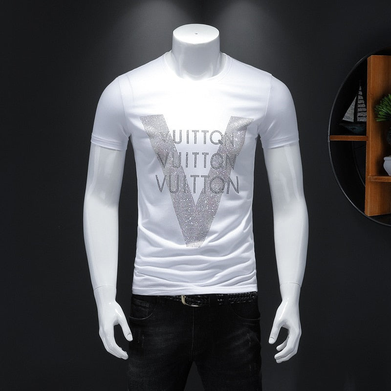 Men's Summer T-shirt New Designer Personalized Trend Mercerized Cotton Large V-Letter Hot Diamond Slim Casual Male Tees Clothing