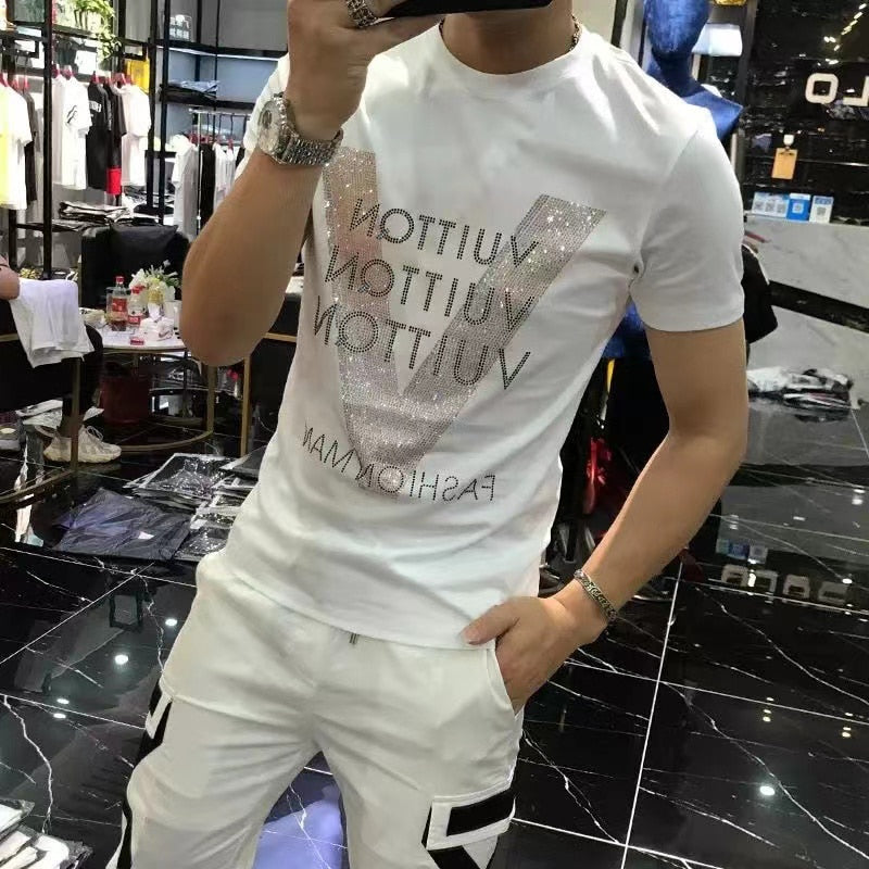 Men's Summer T-shirt New Designer Personalized Trend Mercerized Cotton Large V-Letter Hot Diamond Slim Casual Male Tees Clothing