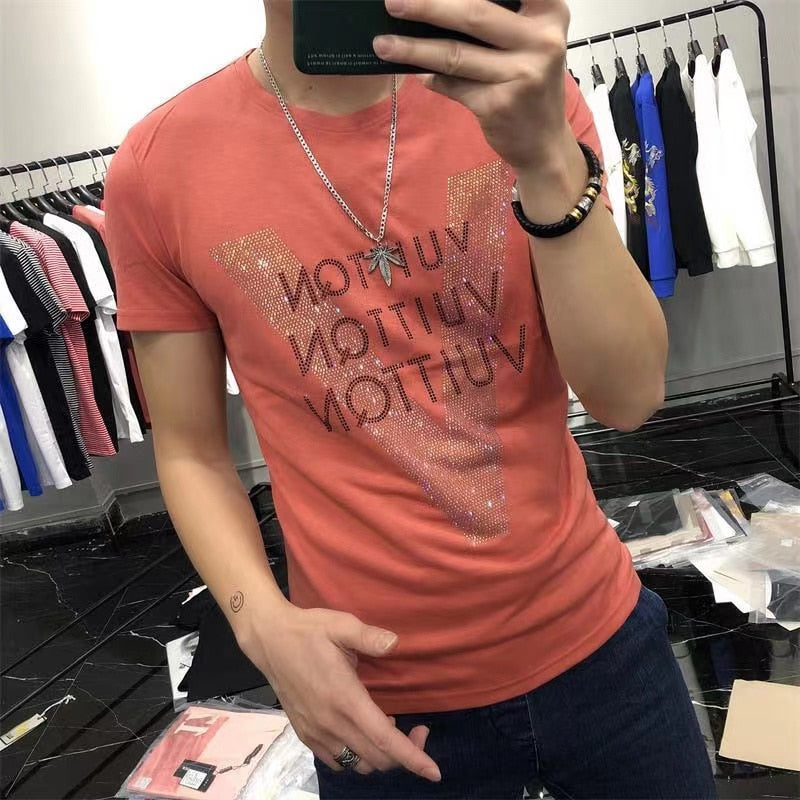 Men's Summer T-shirt New Designer Personalized Trend Mercerized Cotton Large V-Letter Hot Diamond Slim Casual Male Tees Clothing