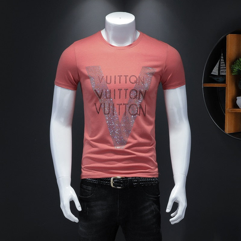 Men's Summer T-shirt New Designer Personalized Trend Mercerized Cotton Large V-Letter Hot Diamond Slim Casual Male Tees Clothing