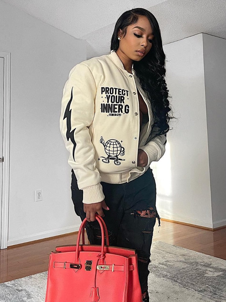 Letter Printed Women Baseball Coat Button Up Fitness Windbreaker 2022 Autumn New Workout Activewear High Street Harajuku Jacket