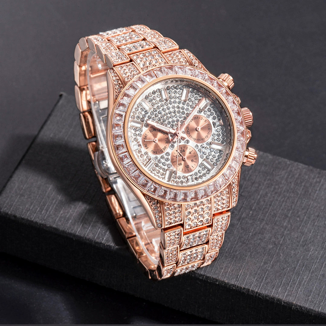 Golden, round Full Diamond Men Watch Luminous Pointer Classic Fashion Best-Seller New Men Watch