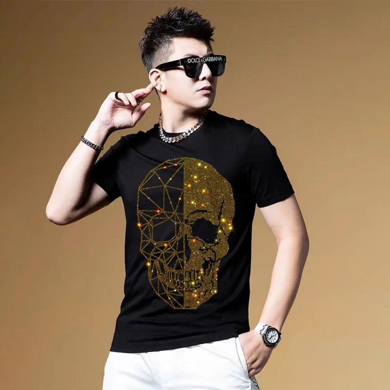T-shirt Men's Rhinestone Skull  Personality Summer Brand Mercerized Cotton High Quality Short Sleeve Round Neck Tees Male Top
