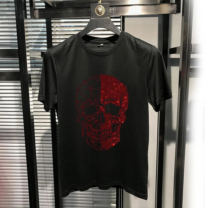 T-shirt Men's Rhinestone Skull  Personality Summer Brand Mercerized Cotton High Quality Short Sleeve Round Neck Tees Male Top