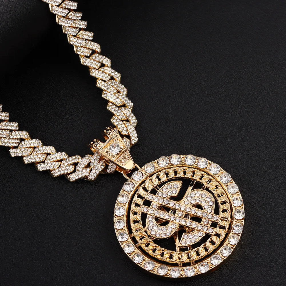 14MM Prong Cuban Link Chain Hiphop Dollar Sign Pendant Necklace For Men Women Iced Out AAA 2 Row Cuban Chain Necklaces Jewelry