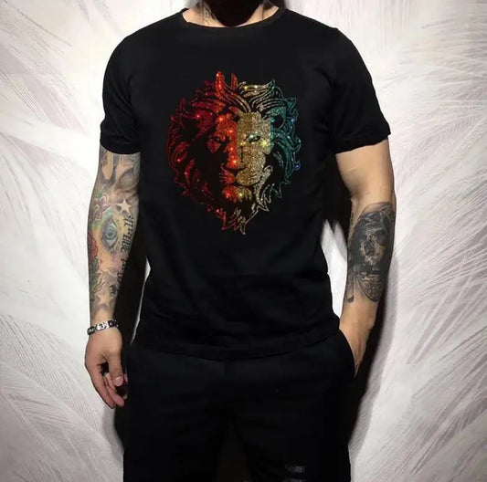 T-Shirt Men's High-Quality Rhinestone  t shirt homme streetwear Casual Tee Shirt brand 100% Cotton brand designer
