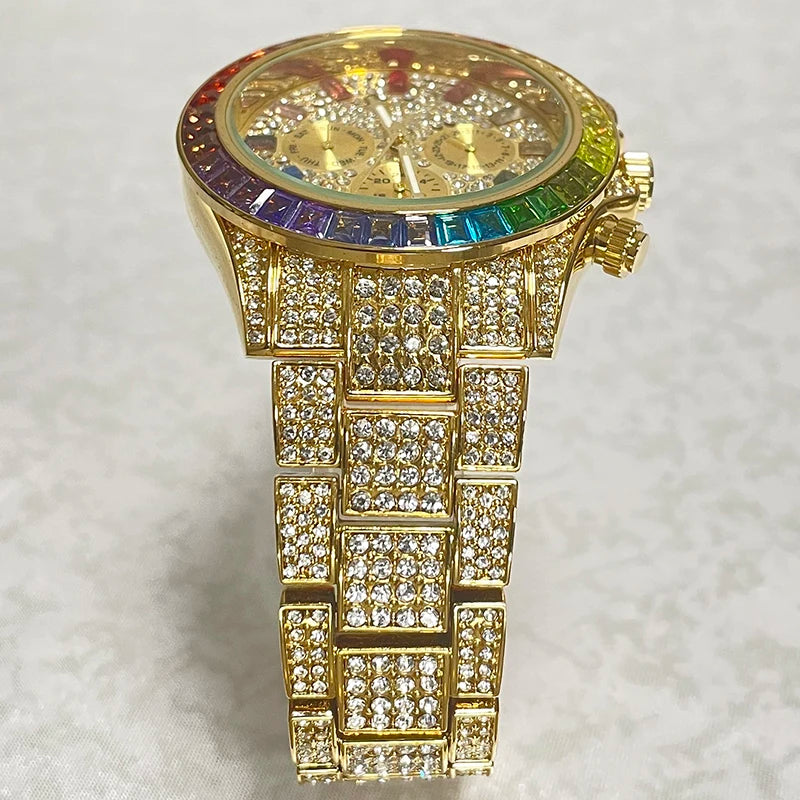 Luxury Brand Gold Hip Hop Watches Men Fashion Rainbow Diamond Waterproof Smart Watch Full Steel Sports Clocks Male