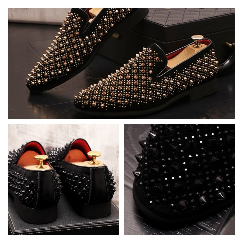 Luxury Brand Men's Fashion Rivets Shoes Black Punk Flats Loafers Men Handmade Spiked Man Party Wedding Shoes Soft Moccasins