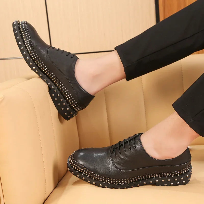 Luxury Handmade Rivets Design Men Genuine Leather Shoes Business Casual Formal Wedding Shoes Gentlmen Black Moccasins