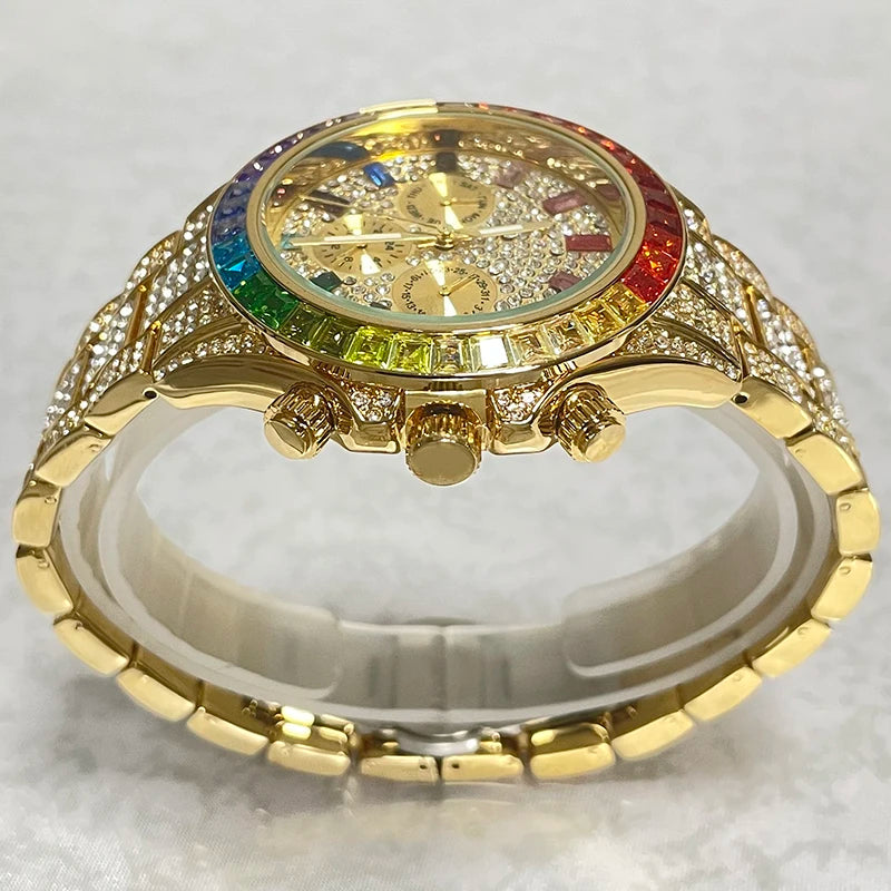 Luxury Brand Gold Hip Hop Watches Men Fashion Rainbow Diamond Waterproof Smart Watch Full Steel Sports Clocks Male