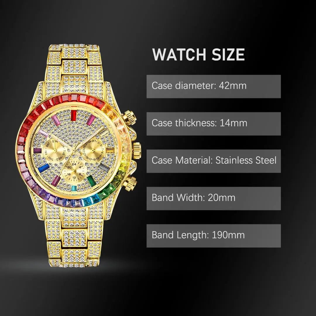 Luxury Brand Gold Hip Hop Watches Men Fashion Rainbow Diamond Waterproof Smart Watch Full Steel Sports Clocks Male