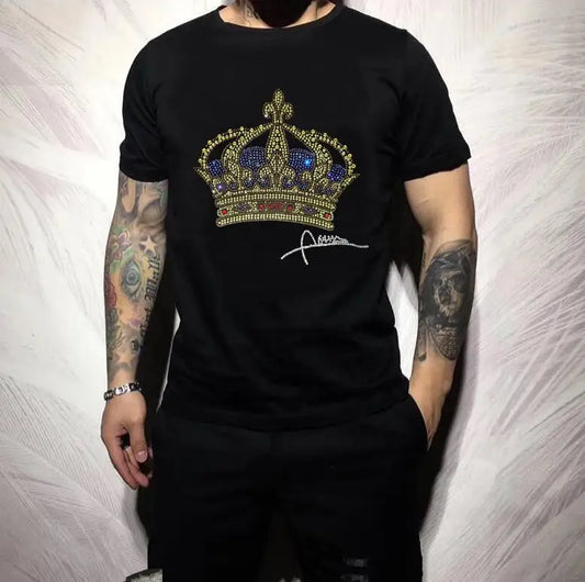 Designer Rhinestone blue crown T-shirt men  casual men's gifts T-shirt  top tees 2024 man fashion