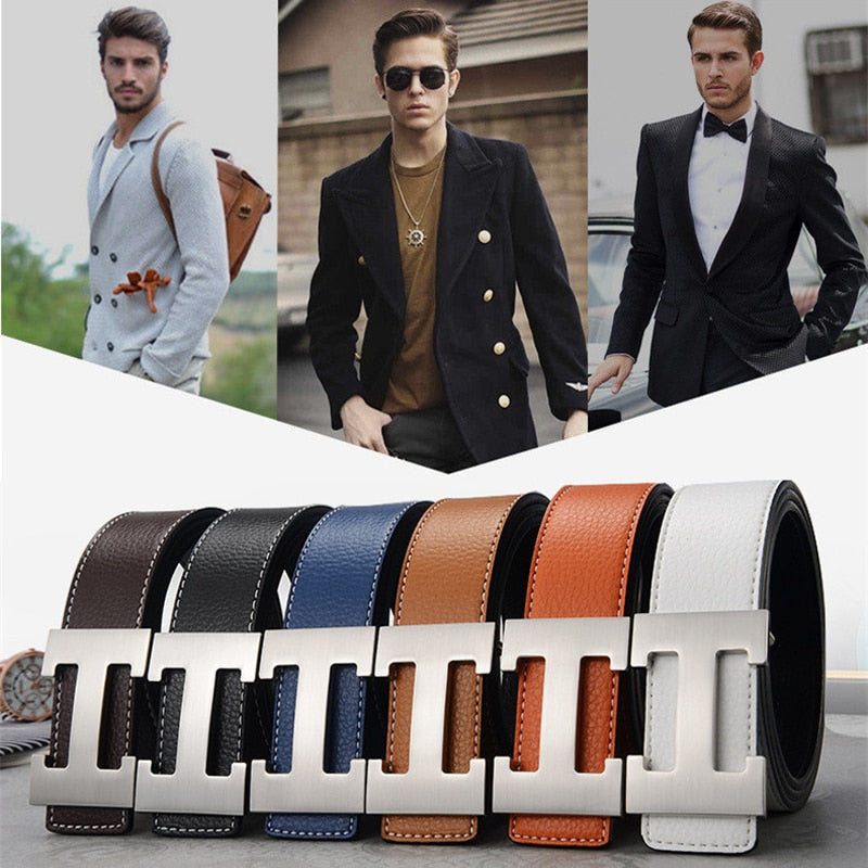Casual Men's Belt High Quality Genuine Second Cow Leather Belts Strap Male Metal Smooth Buckle Fashion
