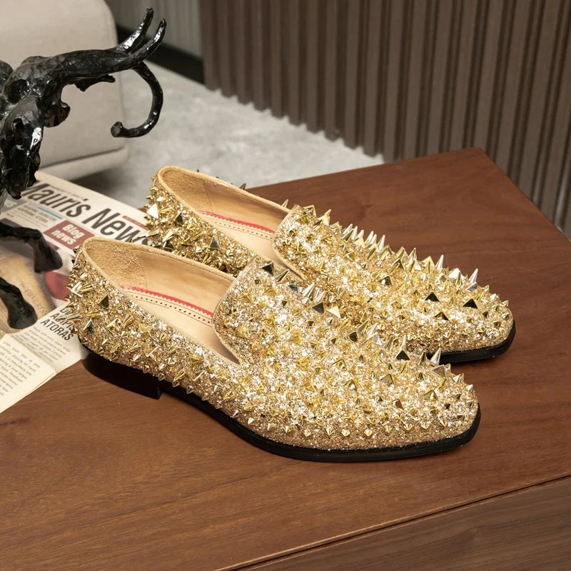 Fashion Silver And Gold Bling Spikes Loafers Shoes For Men Luxury Handmade Slip On Mens Dress Shoes Wedding Shoes