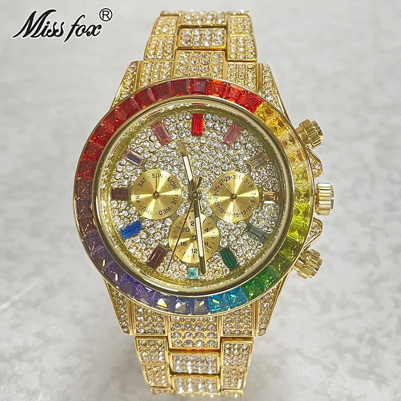 Luxury Brand Gold Hip Hop Watches Men Fashion Rainbow Diamond Waterproof Smart Watch Full Steel Sports Clocks Male