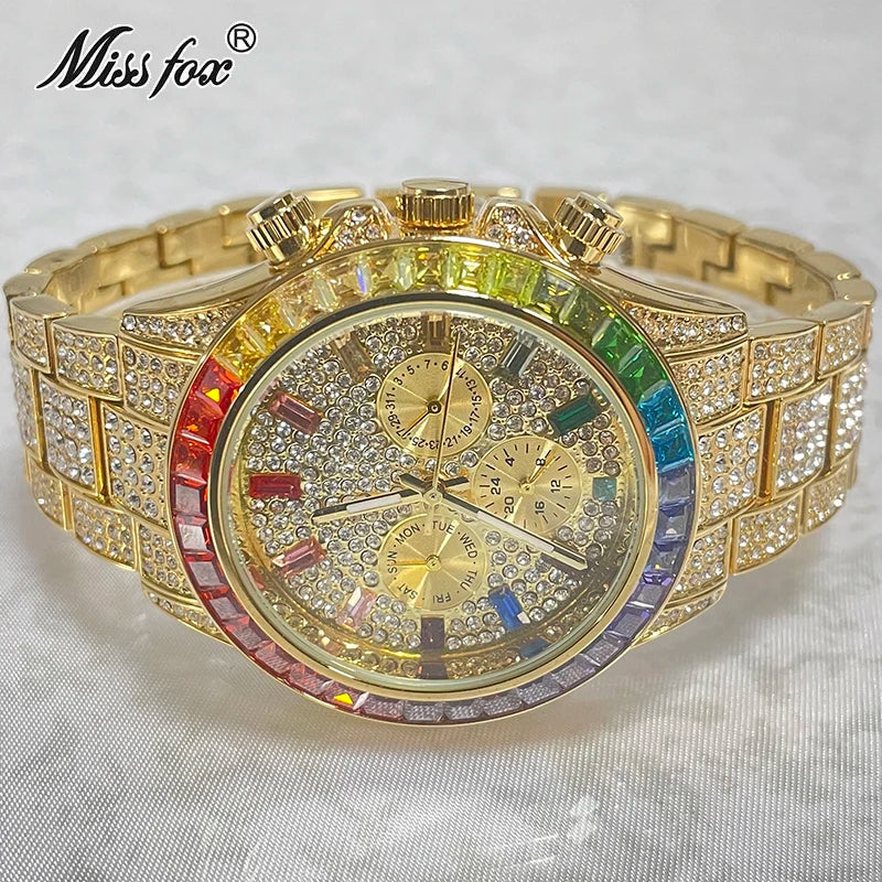 Luxury Brand Gold Hip Hop Watches Men Fashion Rainbow Diamond Waterproof Smart Watch Full Steel Sports Clocks Male