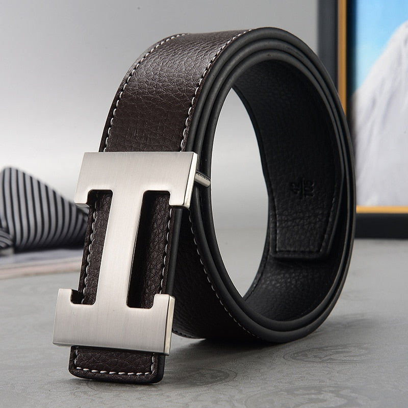 Casual Men's Belt High Quality Genuine Second Cow Leather Belts Strap Male Metal Smooth Buckle Fashion