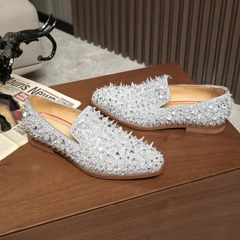 Fashion Silver And Gold Bling Spikes Loafers Shoes For Men Luxury Handmade Slip On Mens Dress Shoes Wedding Shoes