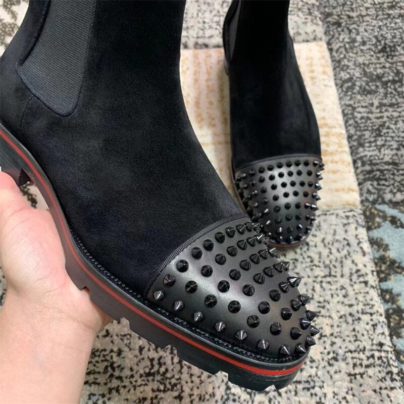 Fashion Black High Top Boots Rivets Shoes Suede Leather Low Heeled Gentry Dress Red Bottom Flats Men Spikes Women Casual Loafers