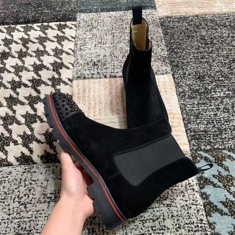 Fashion Black High Top Boots Rivets Shoes Suede Leather Low Heeled Gentry Dress Red Bottom Flats Men Spikes Women Casual Loafers